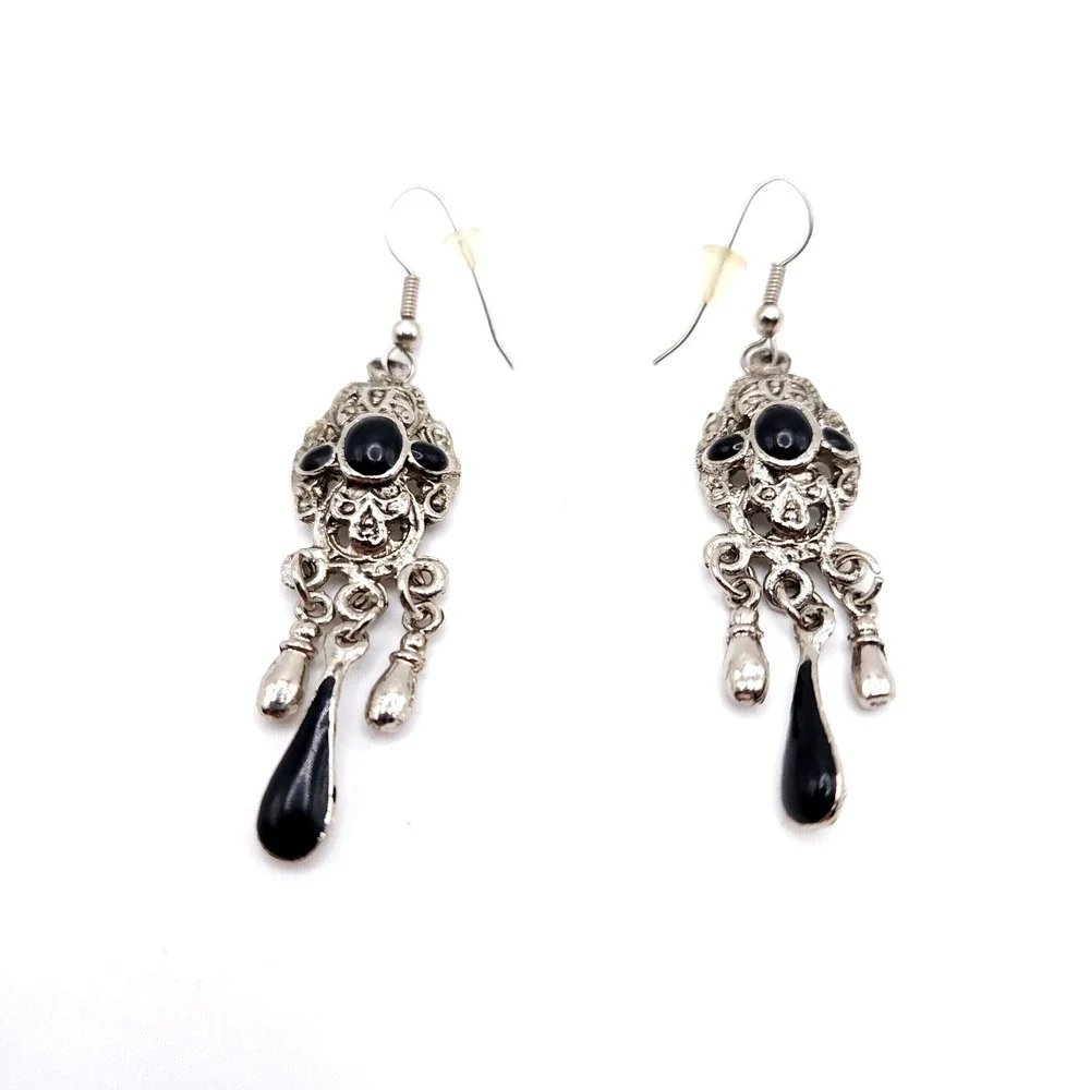 Victorian Dangle Earrings Silver‎ Filigree Faux Onyx Gothic